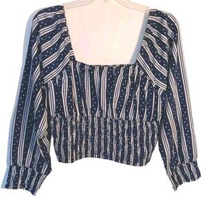 Women's Size 1X Navy/White Romantic Boho Crop Top w/Smocking and Puff Sleeves